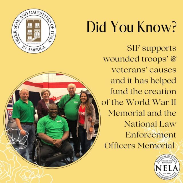 #SIFfacts: SIF supports wounded troops’ & veterans’ causes and it has helped fund the creation of the World War II Memorial and the National Law Enforcement Officers Memorial

The 34th Annual National Education Leadership Awards (NELA) Gala will be hosted by the Sons of Italy Foundation this Thursday, May 25 in Washington, DC and we are thrilled to be hosting it again at the @reaganitcdc!

#OSDIA #SonsOfItaly #ItalianAmerican #ItalianPride #ItalianHeritage #ItaloAmericano #Italian #Italiano #Italy #Italia #ItalianRootsAmericanBranches #SIF #Scholarships #SonsOfItalyFoundation #NELA #NelaGala